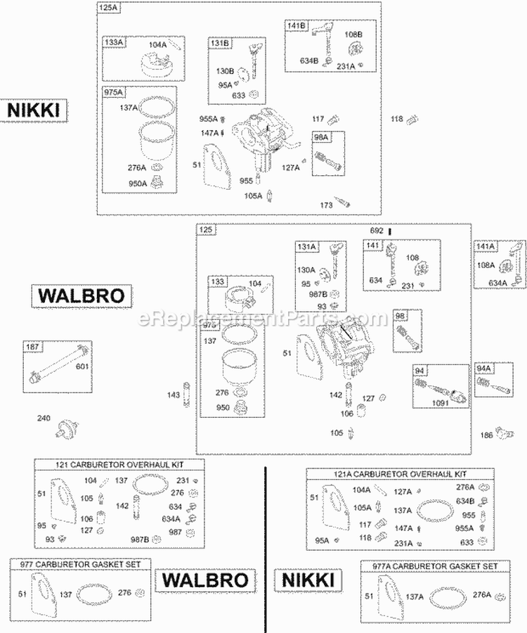Carburetors Gaskets Diagram and Parts List for 28T707-1113-E1  Briggs and Stratton Engine